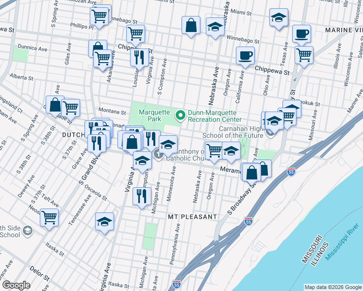 map of restaurants, bars, coffee shops, grocery stores, and more near 4110 Minnesota Avenue in St. Louis