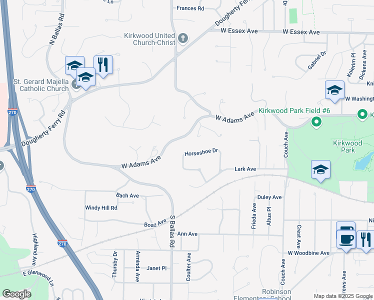 map of restaurants, bars, coffee shops, grocery stores, and more near 201 Horseshoe Drive in Kirkwood