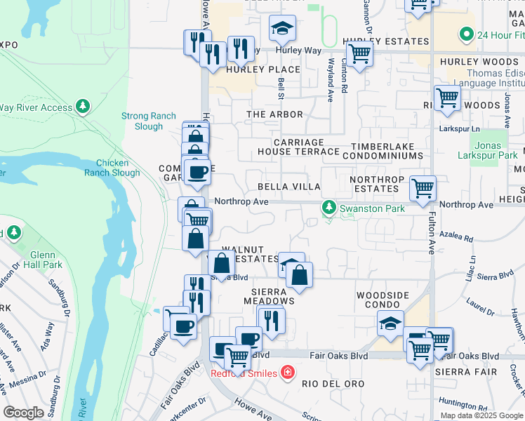 map of restaurants, bars, coffee shops, grocery stores, and more near 2286 Woodside Lane in Sacramento