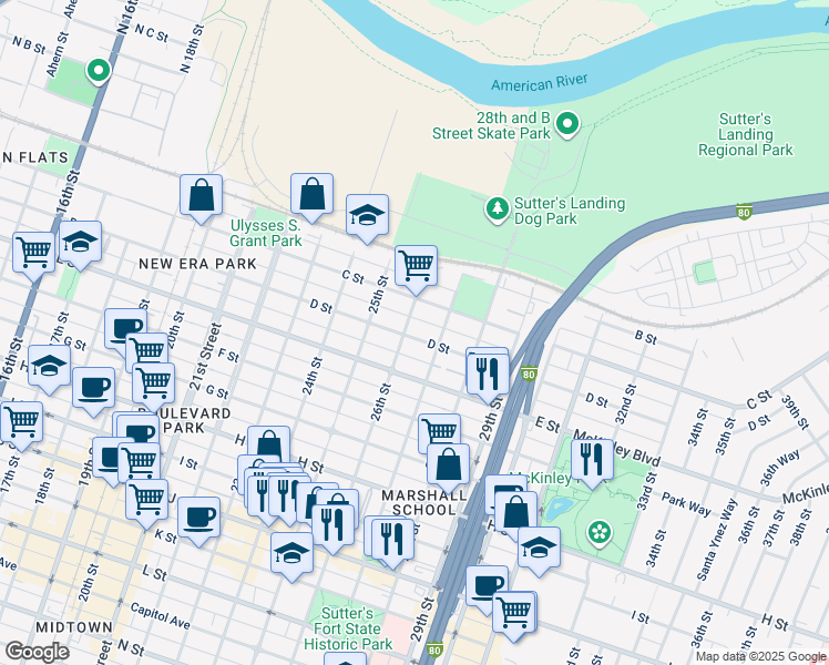 map of restaurants, bars, coffee shops, grocery stores, and more near 317 26th Street in Sacramento