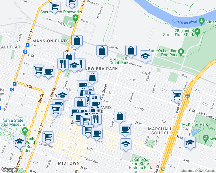 map of restaurants, bars, coffee shops, grocery stores, and more near 507 21st Street in Sacramento