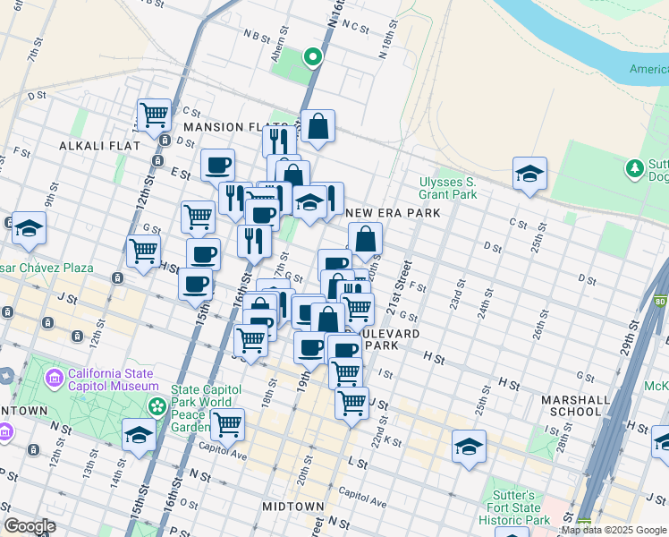 map of restaurants, bars, coffee shops, grocery stores, and more near 603 18th Street in Sacramento