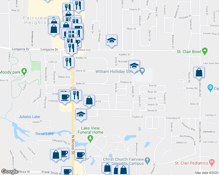 map of restaurants, bars, coffee shops, grocery stores, and more near 429 Anita Drive in Fairview Heights