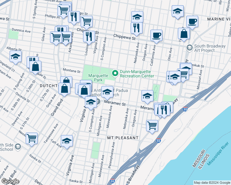 map of restaurants, bars, coffee shops, grocery stores, and more near 4110 Minnesota Avenue in St. Louis