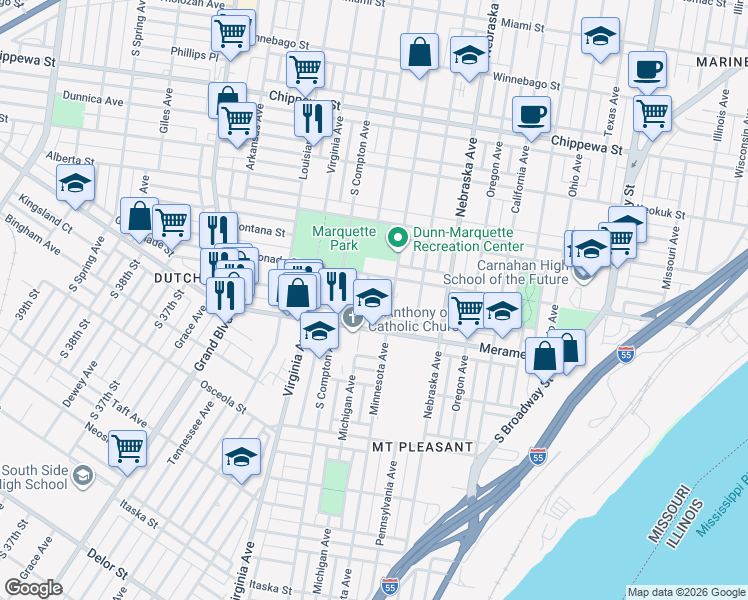 map of restaurants, bars, coffee shops, grocery stores, and more near 4117 Michigan Avenue in St. Louis