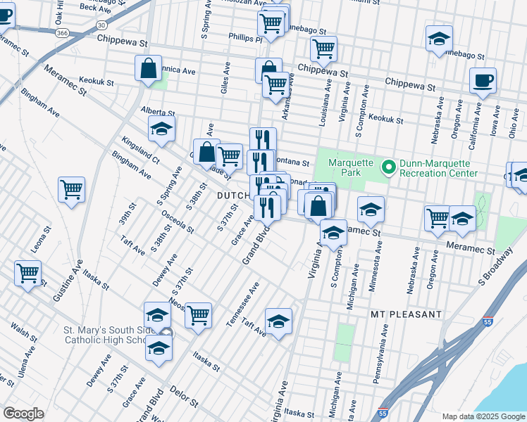 map of restaurants, bars, coffee shops, grocery stores, and more near in St. Louis