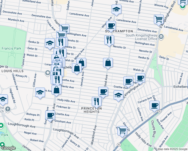 map of restaurants, bars, coffee shops, grocery stores, and more near 5510 Eichelberger Street in St. Louis