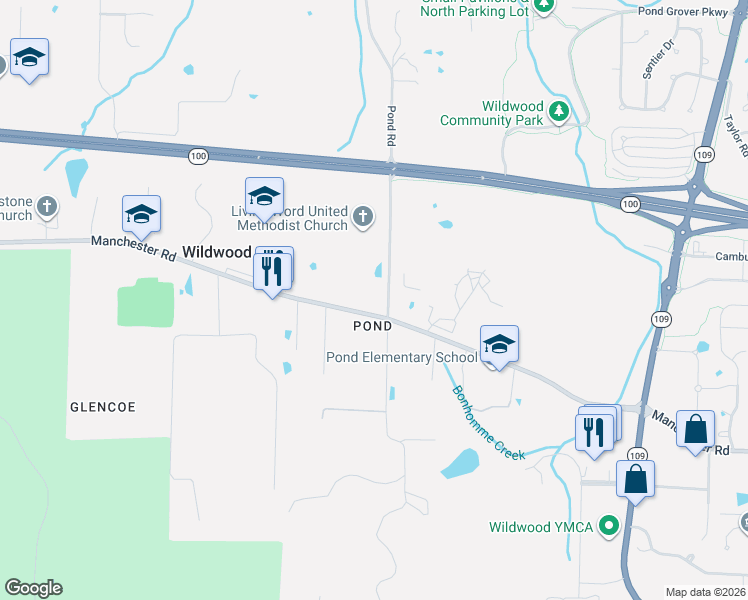 map of restaurants, bars, coffee shops, grocery stores, and more near 2550 Pond Road in Wildwood
