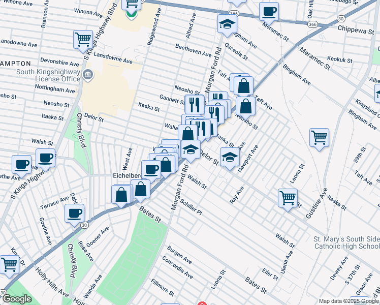 map of restaurants, bars, coffee shops, grocery stores, and more near Gravois Ave & Morgan Ford Rd in St Louis