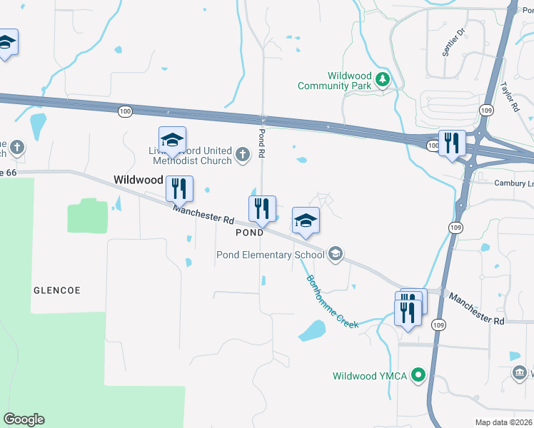 map of restaurants, bars, coffee shops, grocery stores, and more near 2550 Pond Road in Wildwood