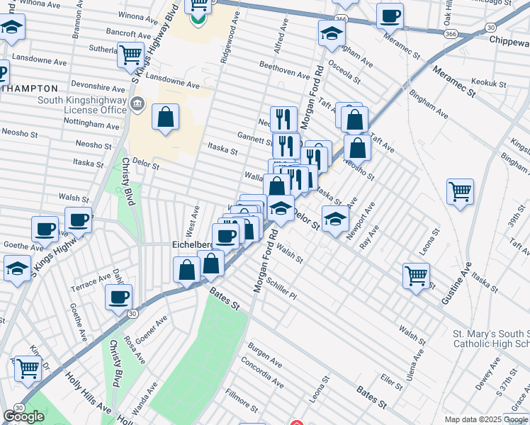 map of restaurants, bars, coffee shops, grocery stores, and more near 4330 Delor Street in St. Louis
