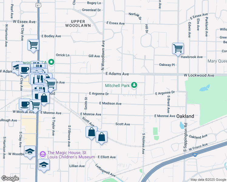 map of restaurants, bars, coffee shops, grocery stores, and more near 525 East Argonne Drive in Kirkwood