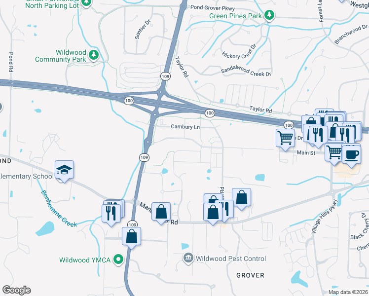 map of restaurants, bars, coffee shops, grocery stores, and more near 2526 Larksong Drive in Wildwood