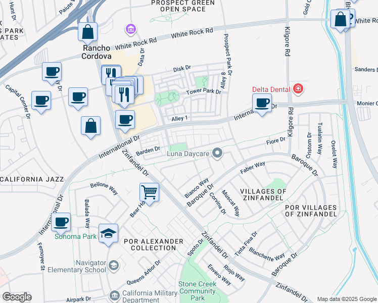 map of restaurants, bars, coffee shops, grocery stores, and more near 10892 Arrington Drive in Rancho Cordova