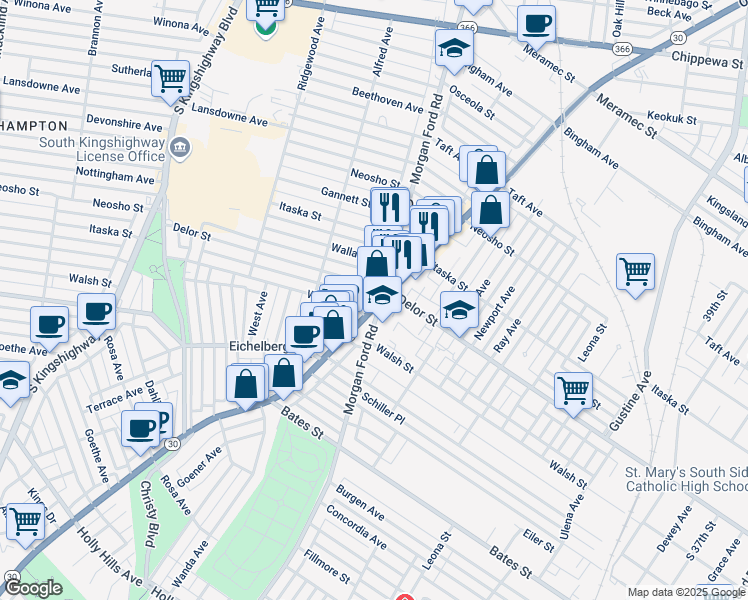 map of restaurants, bars, coffee shops, grocery stores, and more near in St. Louis
