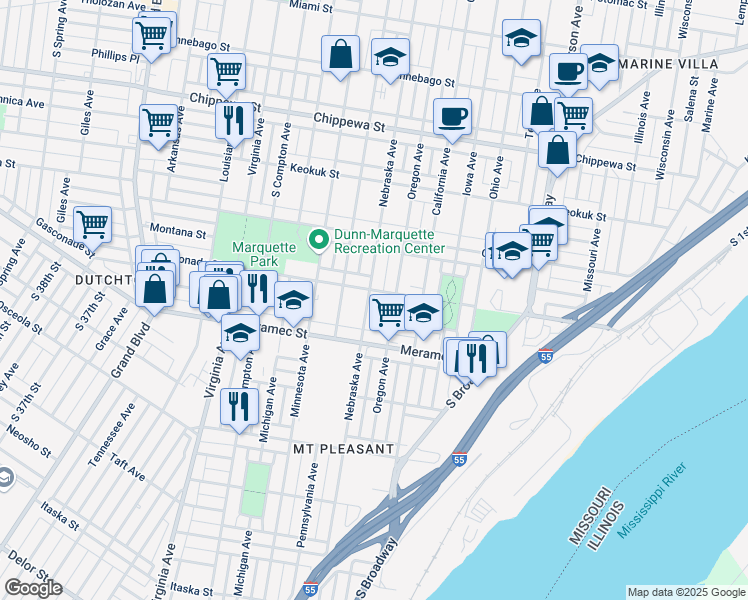 map of restaurants, bars, coffee shops, grocery stores, and more near 4108 Nebraska Avenue in St. Louis