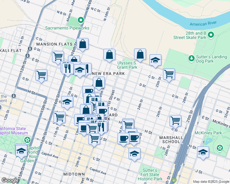 map of restaurants, bars, coffee shops, grocery stores, and more near 507 21st Street in Sacramento