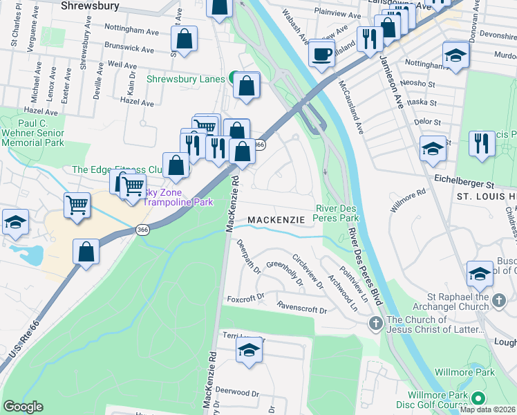 map of restaurants, bars, coffee shops, grocery stores, and more near 7117 Rhodes Drive in St. Louis