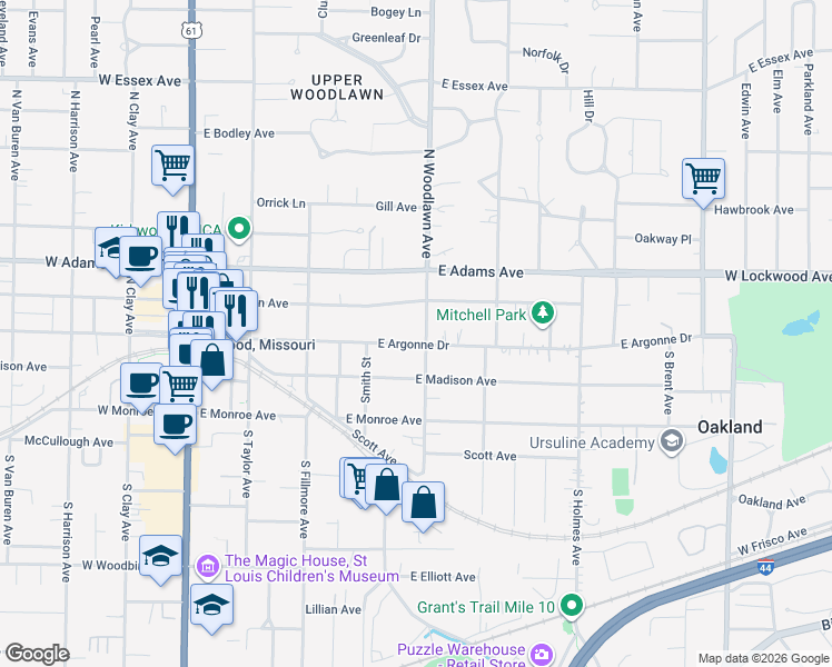 map of restaurants, bars, coffee shops, grocery stores, and more near 443 East Argonne Drive in Kirkwood