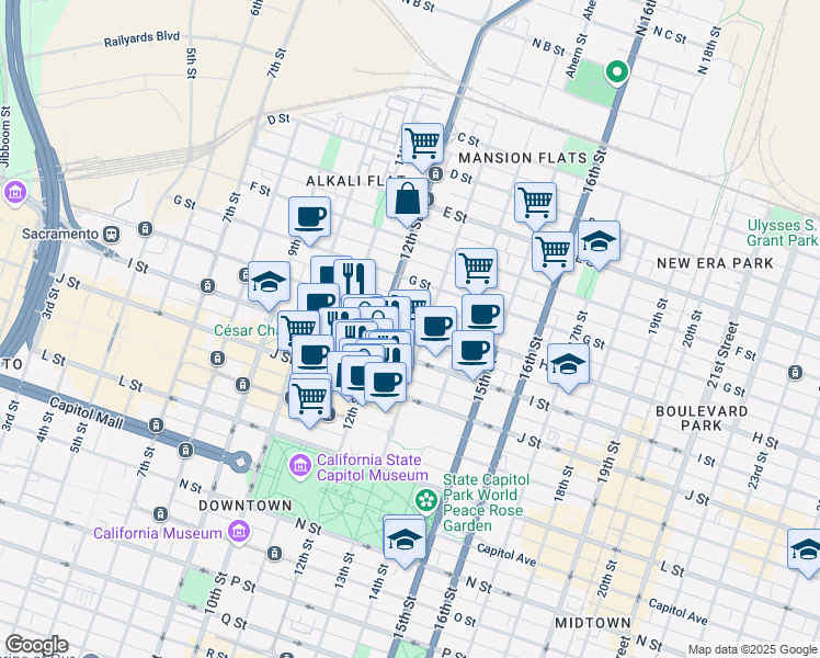 map of restaurants, bars, coffee shops, grocery stores, and more near 1210 H Street in Sacramento