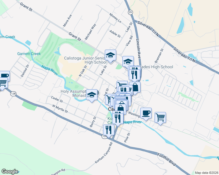 map of restaurants, bars, coffee shops, grocery stores, and more near 1443 3rd Street in Calistoga