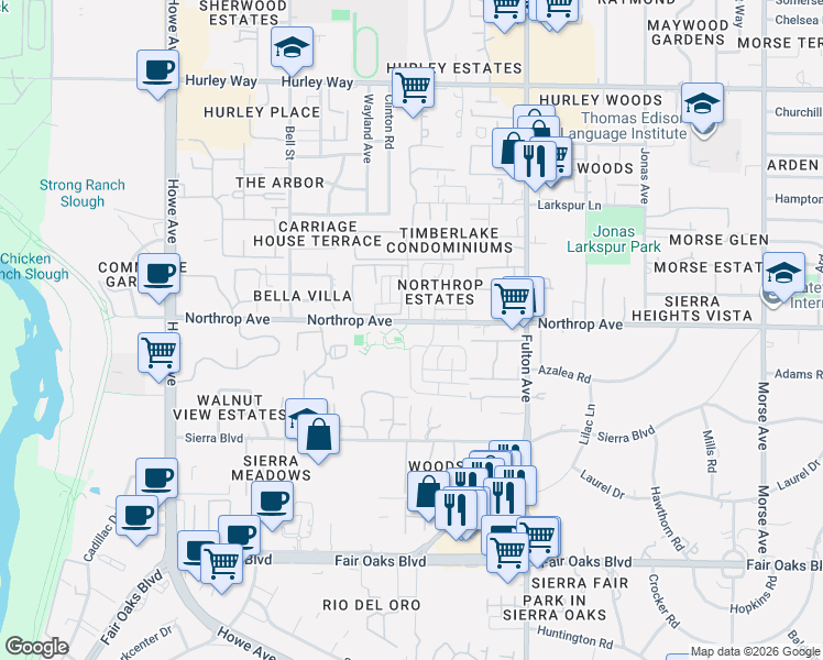 map of restaurants, bars, coffee shops, grocery stores, and more near 2410 Northrop Avenue in Sacramento