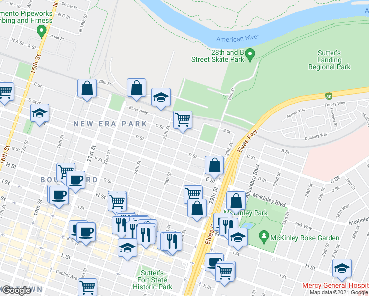 map of restaurants, bars, coffee shops, grocery stores, and more near 317 26th Street in Sacramento