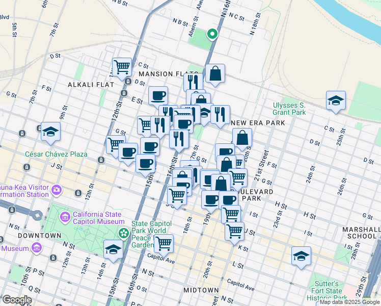 map of restaurants, bars, coffee shops, grocery stores, and more near in Sacramento