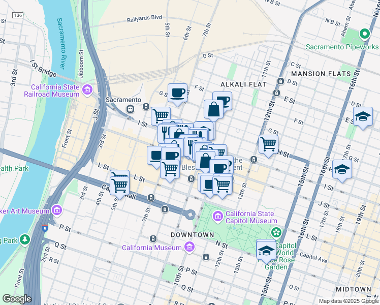 map of restaurants, bars, coffee shops, grocery stores, and more near 980 9th Street in Sacramento