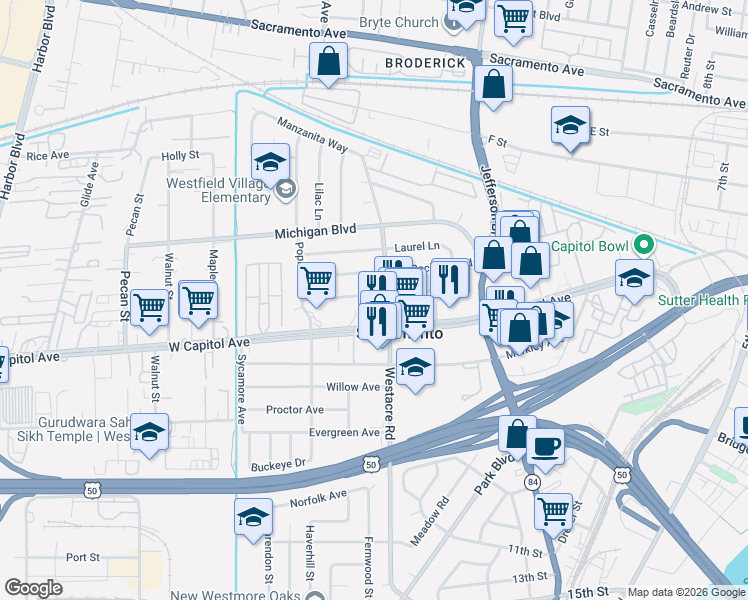 map of restaurants, bars, coffee shops, grocery stores, and more near in West Sacramento