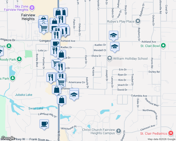 map of restaurants, bars, coffee shops, grocery stores, and more near 429 Anita Drive in Fairview Heights