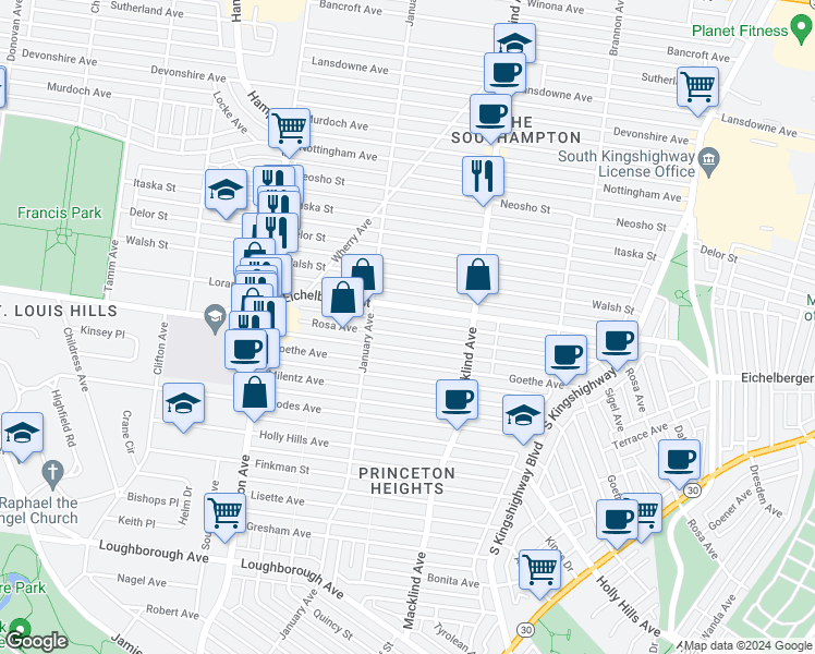 map of restaurants, bars, coffee shops, grocery stores, and more near 5510 Eichelberger Street in St. Louis