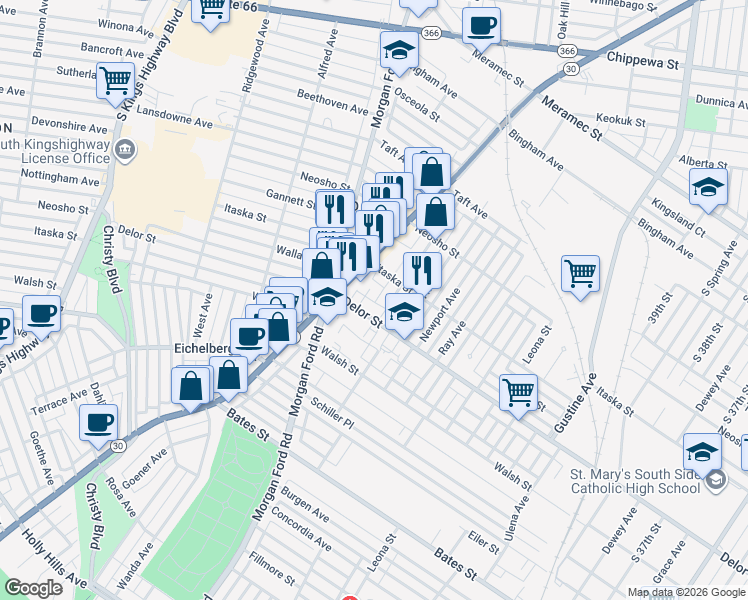 map of restaurants, bars, coffee shops, grocery stores, and more near 4736 McCullagh Place in St. Louis