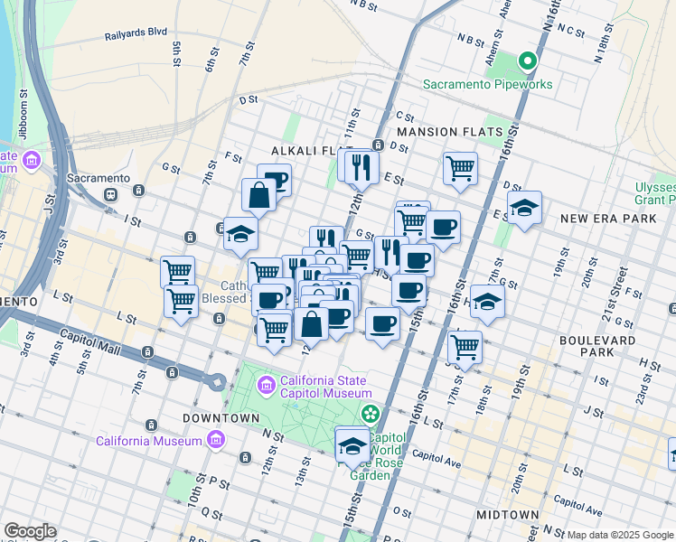 map of restaurants, bars, coffee shops, grocery stores, and more near 801 12th Street in Sacramento