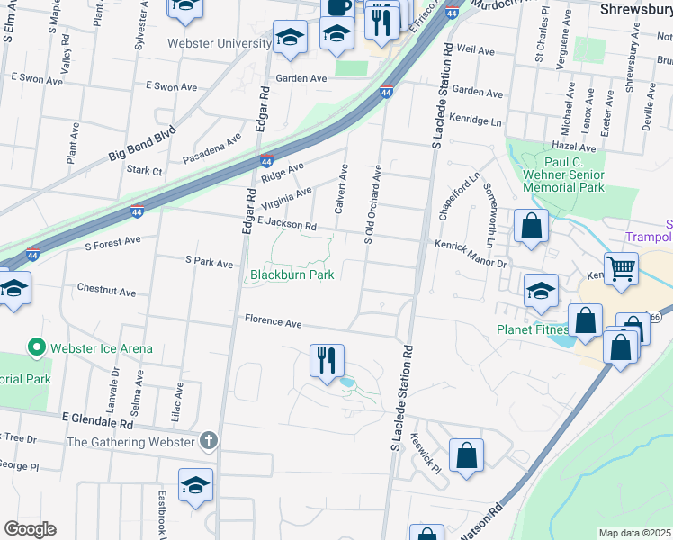 map of restaurants, bars, coffee shops, grocery stores, and more near 439 Landscape Court in Webster Groves