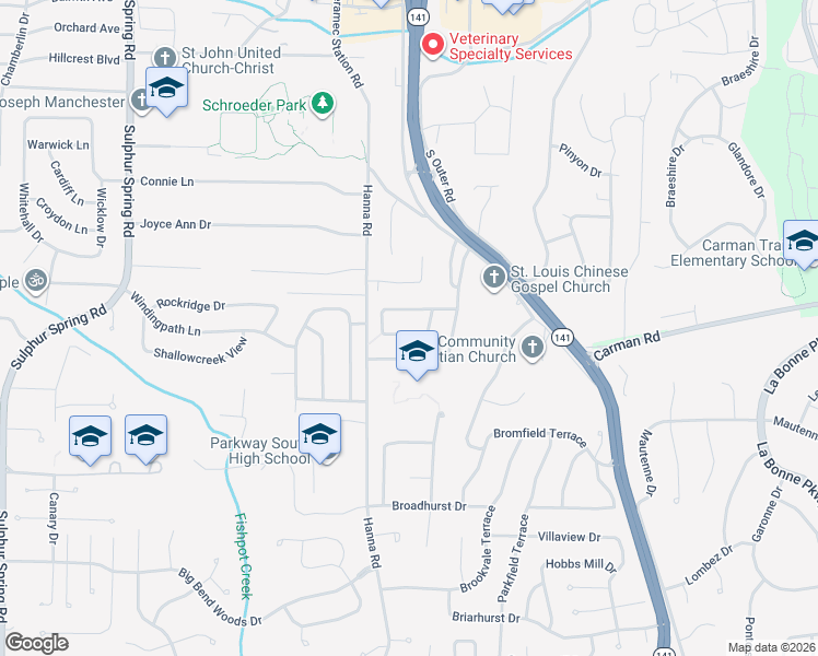 map of restaurants, bars, coffee shops, grocery stores, and more near 551 Braebridge Road in Ballwin