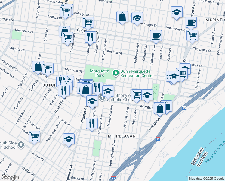 map of restaurants, bars, coffee shops, grocery stores, and more near 4119 Minnesota Avenue in St. Louis