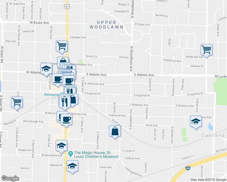 map of restaurants, bars, coffee shops, grocery stores, and more near 345 East Argonne Drive in Kirkwood