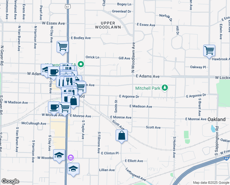 map of restaurants, bars, coffee shops, grocery stores, and more near 345 East Argonne Drive in Kirkwood
