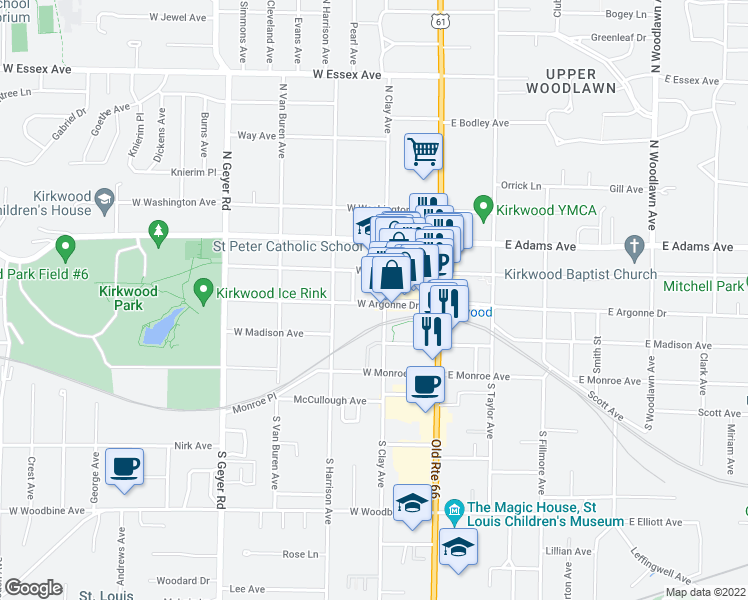 map of restaurants, bars, coffee shops, grocery stores, and more near 213 West Argonne Drive in Kirkwood