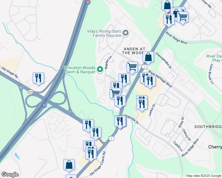 map of restaurants, bars, coffee shops, grocery stores, and more near 3371 Yost Lane in Dumfries