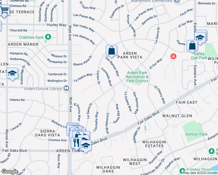 map of restaurants, bars, coffee shops, grocery stores, and more near 895 La Sierra Drive in Sacramento