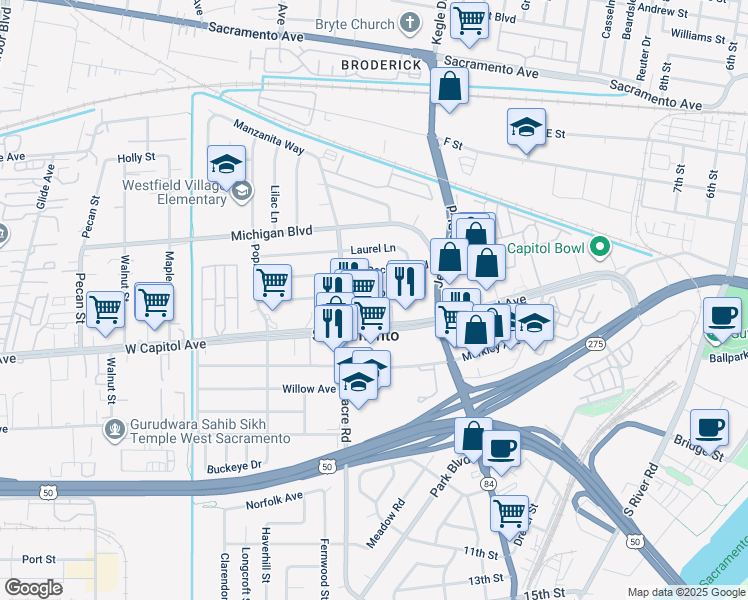 map of restaurants, bars, coffee shops, grocery stores, and more near 1621 Madrone Avenue in West Sacramento