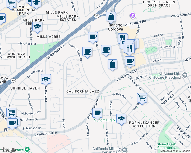 map of restaurants, bars, coffee shops, grocery stores, and more near 3366 Quality Drive in Rancho Cordova