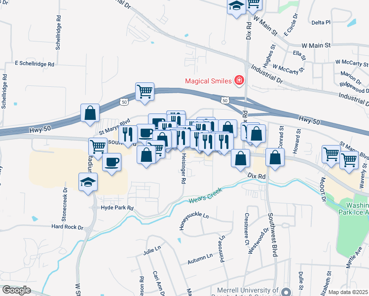 map of restaurants, bars, coffee shops, grocery stores, and more near U.S. 50 Business in Jefferson City
