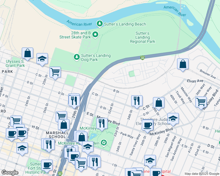 map of restaurants, bars, coffee shops, grocery stores, and more near 3119 B Street in Sacramento