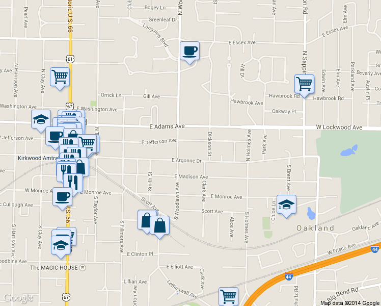 map of restaurants, bars, coffee shops, grocery stores, and more near 525 East Argonne Drive in Kirkwood