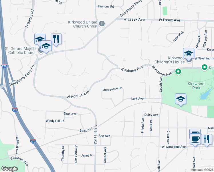 map of restaurants, bars, coffee shops, grocery stores, and more near 201 Horseshoe Drive in Kirkwood