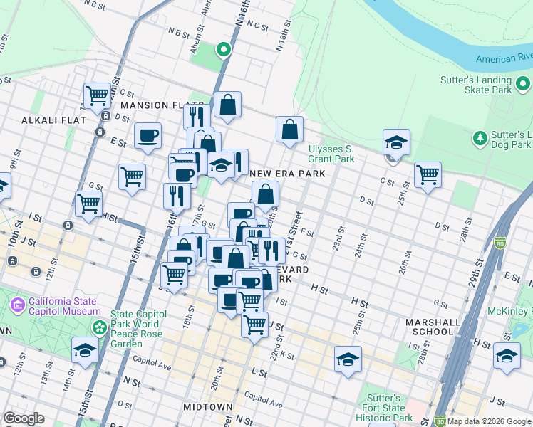 map of restaurants, bars, coffee shops, grocery stores, and more near 1925 F Street in Sacramento