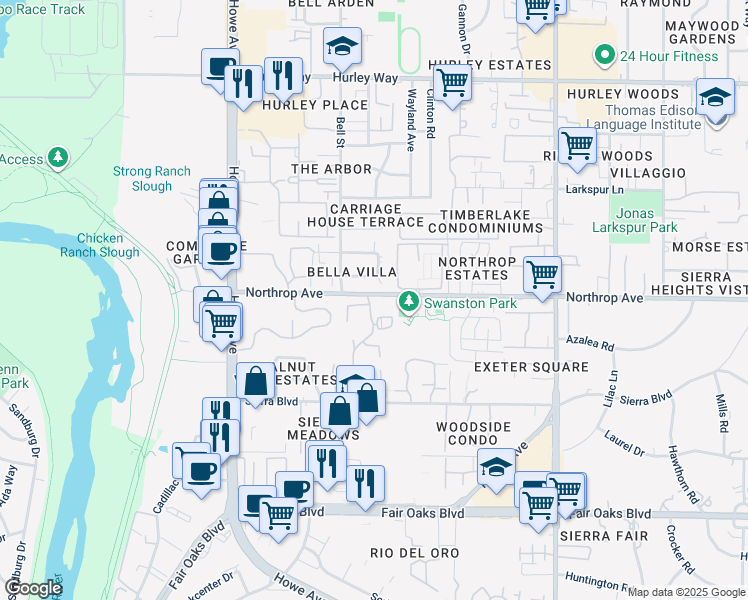 map of restaurants, bars, coffee shops, grocery stores, and more near 899 Woodside Lane East in Sacramento